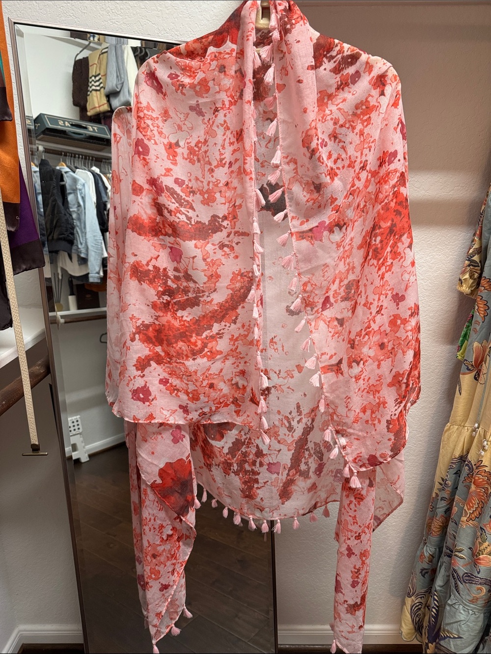 Peter Som Pink and Coral Floral Swim Sarong with Tassel Trim